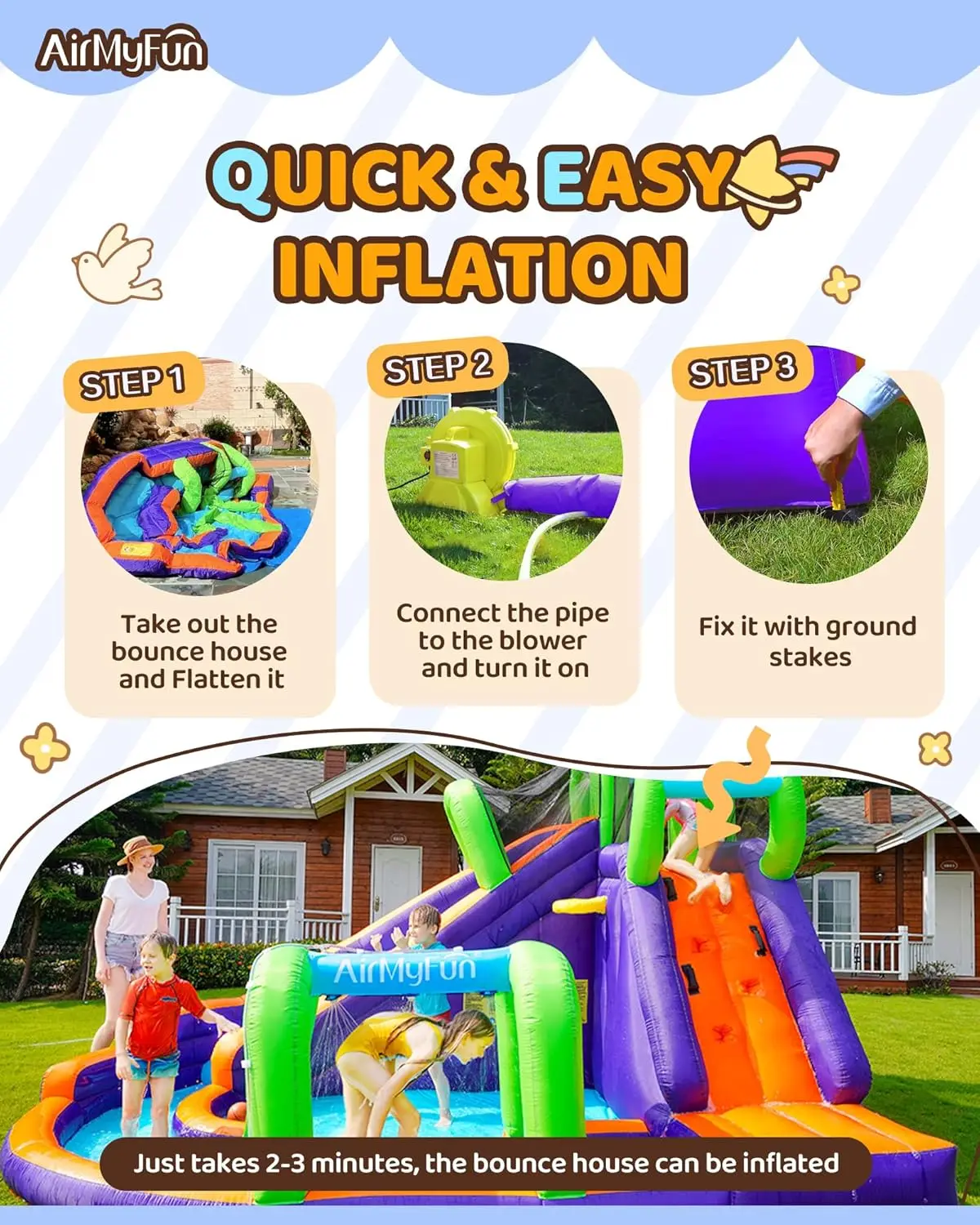 Maison de rebond gonflable à toboggan aquatique pour enfants avec souffleur. Château gonflable d'arrière-cour familial avec tunnel de porte amusant, mur d'escalade, Lo
