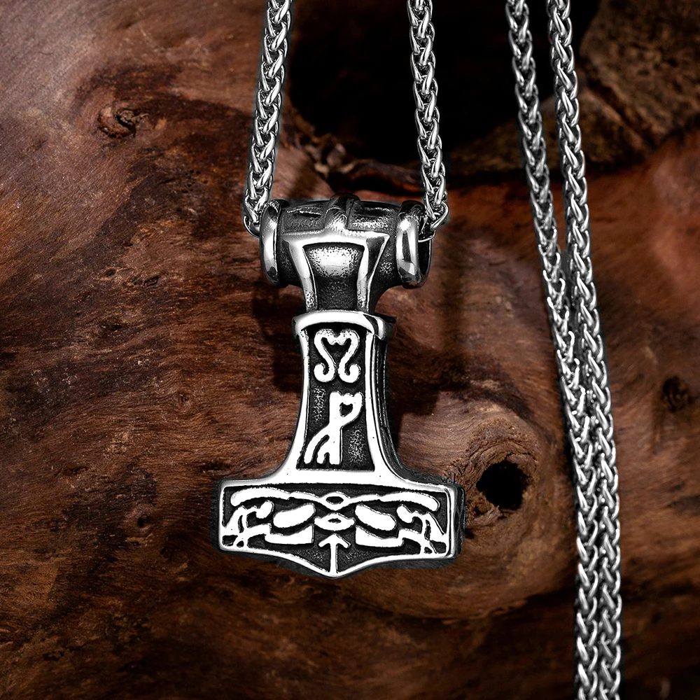 Stainless Steel Vikings Runes Thors Hammer Necklaces Mens Norse Mythology Mjolnir Odin Raven Pendant Amulet Scandinavian Jewelry