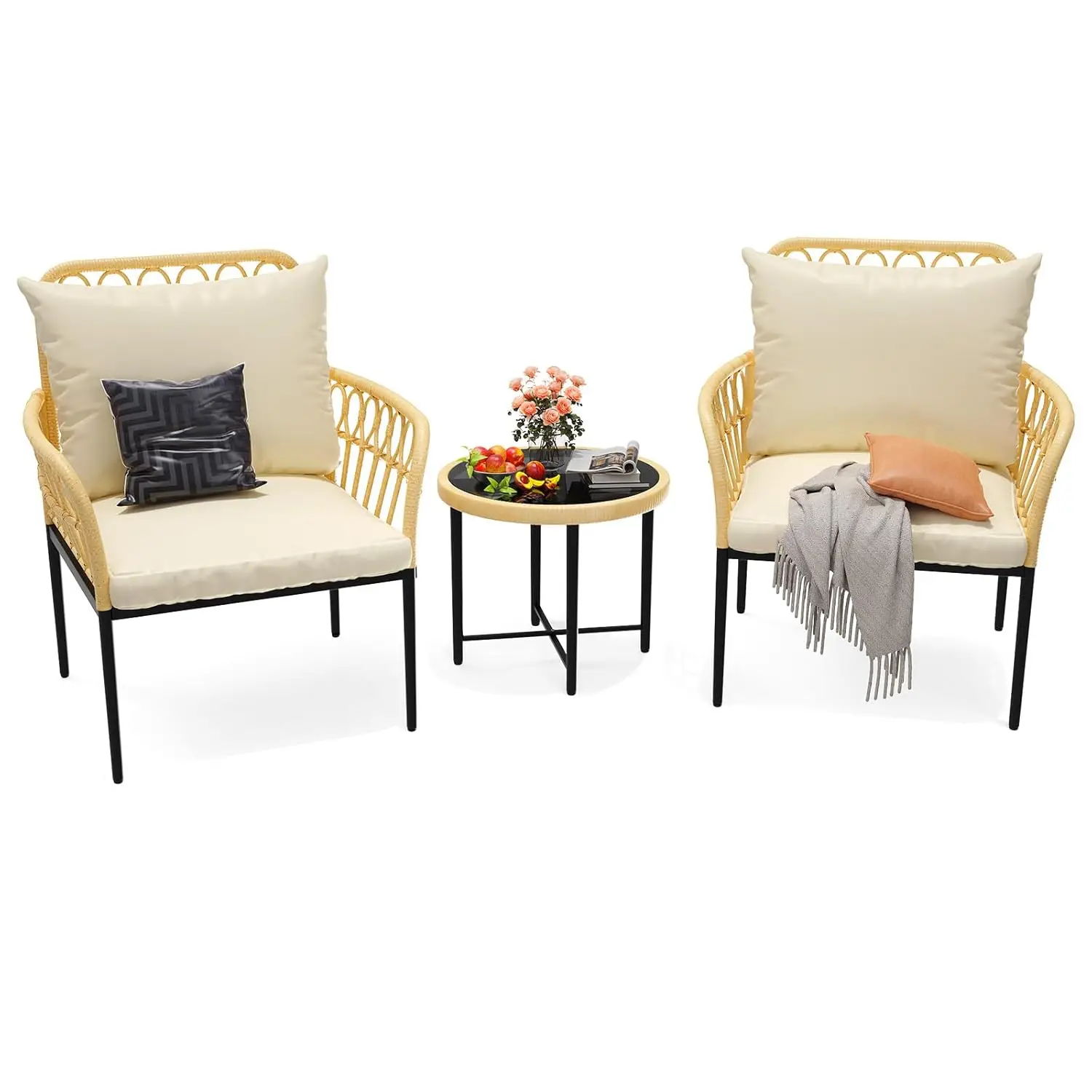 

Beige Rattan 3-Piece Outdoor Patio Bistro Set with Cushions, Weather-Resistant PE Wicker, Glass Top Coffee Table,, Customized