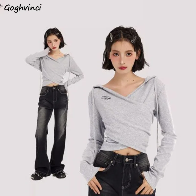 

Gray Short Hoodies Women with Hat Slim V-neck Hot Girls Korean Fashion Simple Criss-cross Design Streetwear Chic Ins Fashion