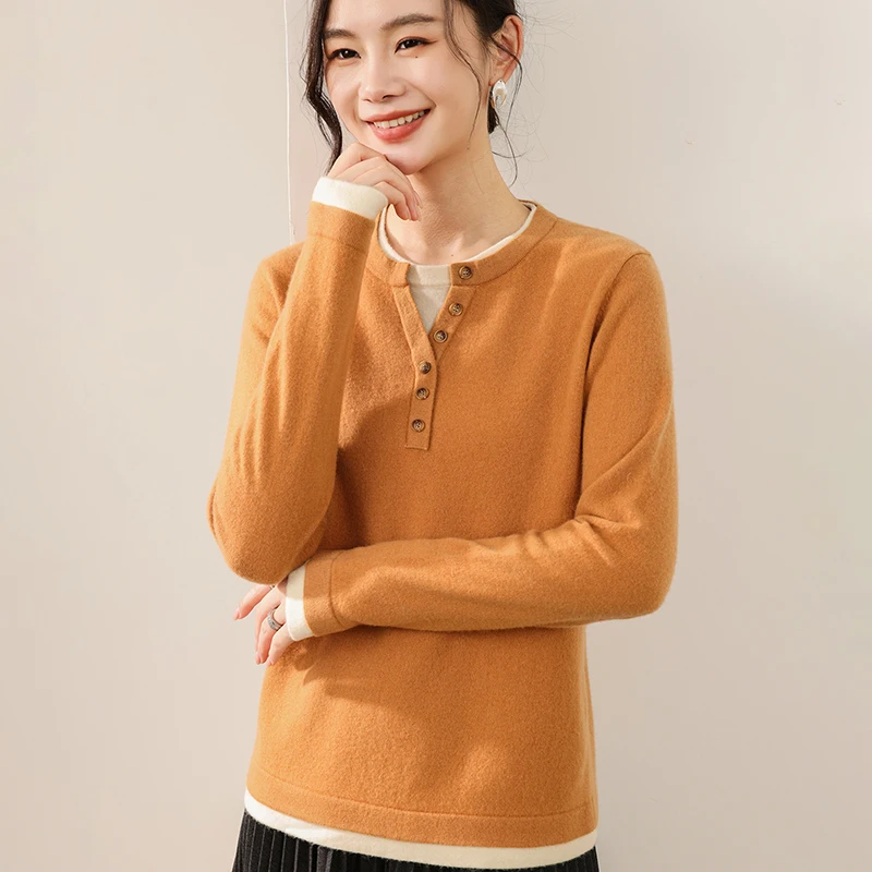 

Women's sweater autumn new 100% pure wool sweater casual fake two-piece knitted Tops round V-neck pullover slim stitching Blouse
