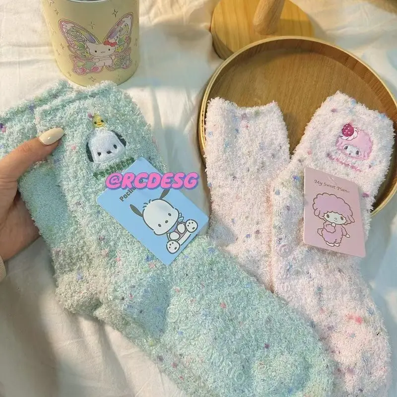 Kawaii Sanrio Hello Kitty Cinnamoroll Pochacco Mid Tube Socks Coral Fleece Thickened Warm Sleep Socks Candy Color Christmas Gift