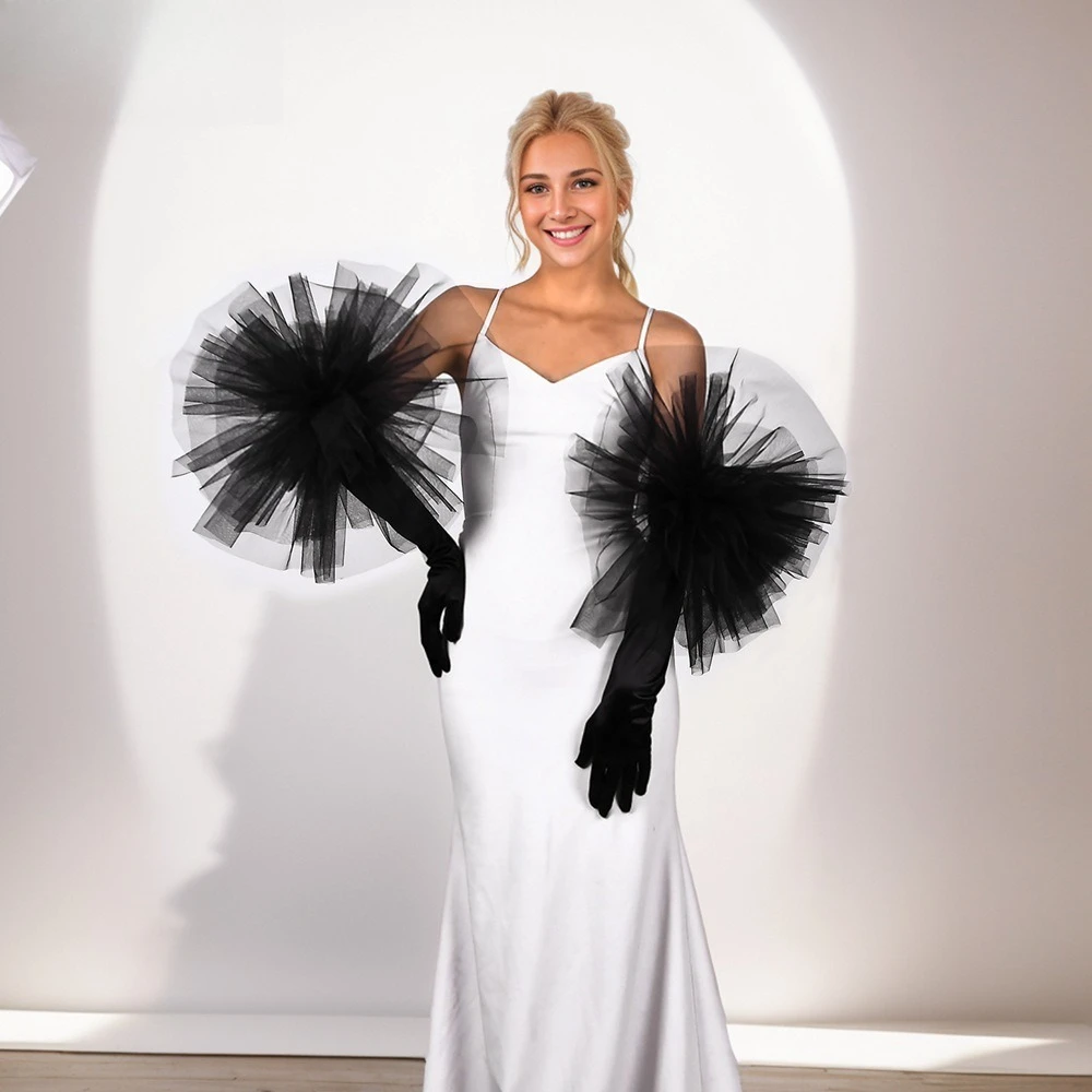 رجل فستان العروس الساتان أداء الزفاف الأسود مبالغ فيه قفازات زهرة كبيرة قفازات آداب ممتدة