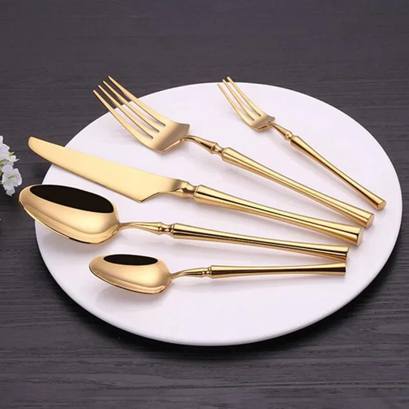 KuBac Hommi 30Pcs Shiny Dinnerware Set 18/10 Stainless Steel Mirror Gold Cutlery Set Golden Color Drop Ship