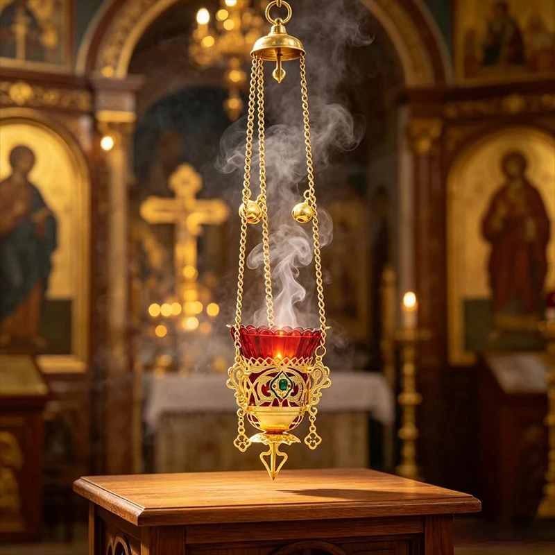 Gold Plated Catholic Orthodox Hanging Censer with Filigree Carvings and Emerald Green Gem for Church Home Altar Devotion Gift