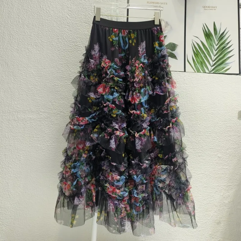 Feminine Irregular Colorful Flower Mesh Skirts Women’s 2024 Summer Fashion Skirt Fairy Temperament Loose Comfort A- Line Skirts