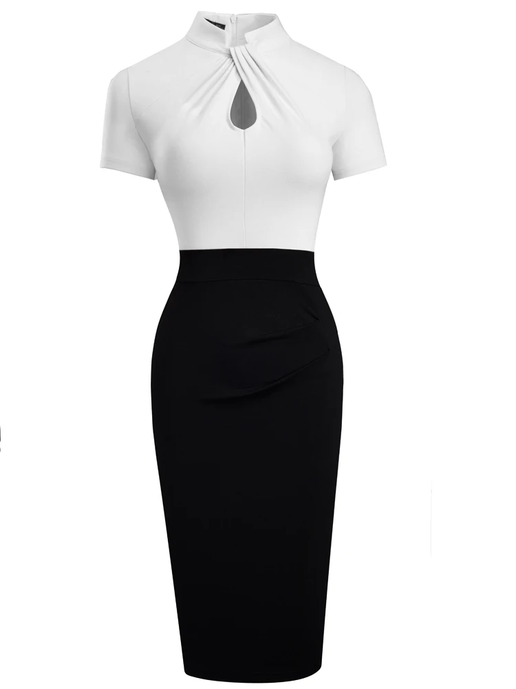 Nice-forever Vintage Elegant Contrast Color Patchwork Wear to Work vestidos Business Party Office Women Bodycon Dress B463