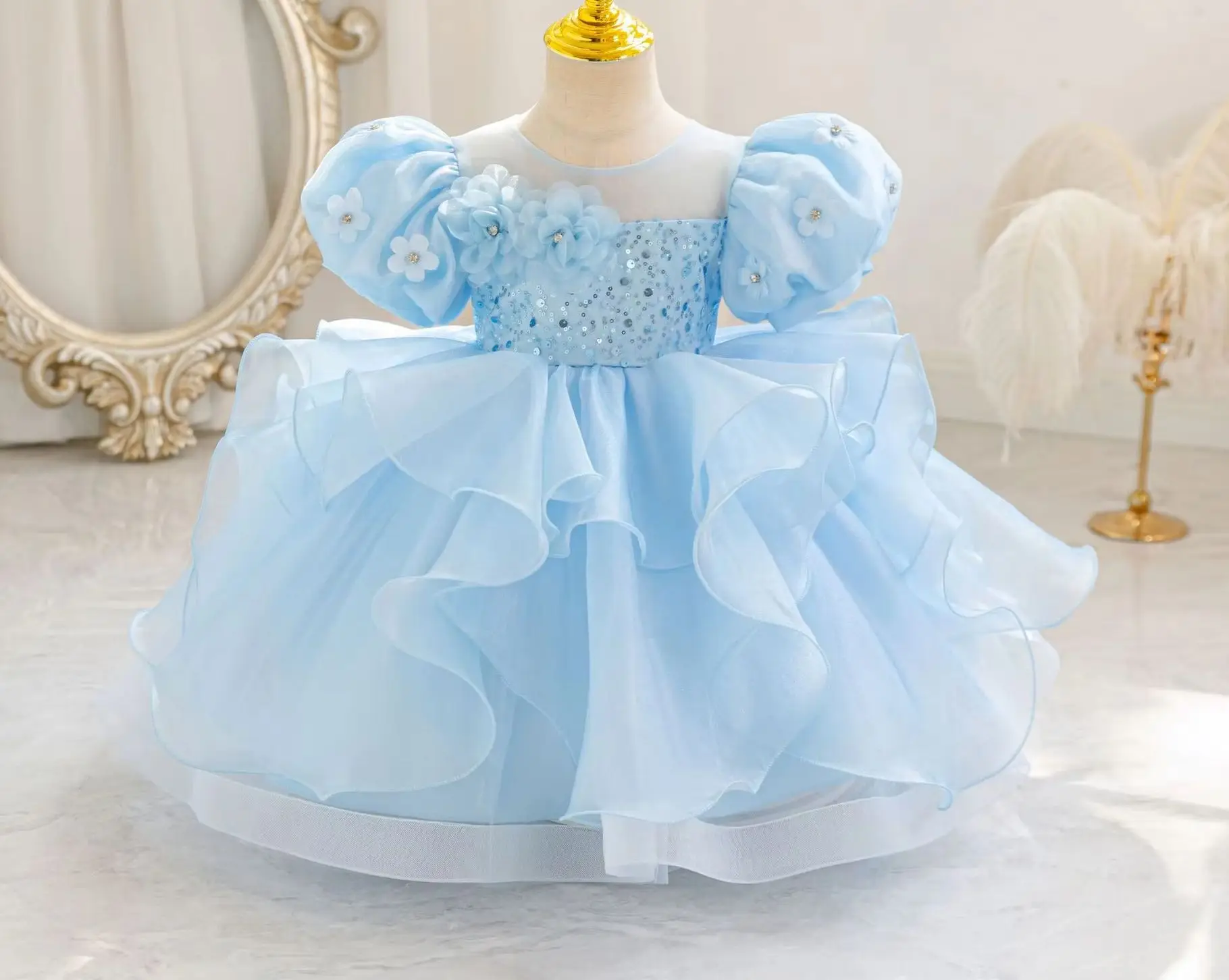 Baby Girl 1st Birthday Party Dress Sequins Flower Girls' Princess Dresses Puffy Child Clothing