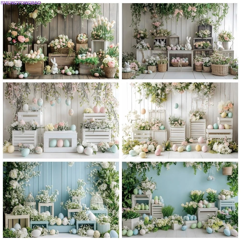 

Easter Background Photography Spring Fresh Flowers Indoor Wood Wall Floor Eggs Baby Kids Portrait Easter Decor Photo Backdrop