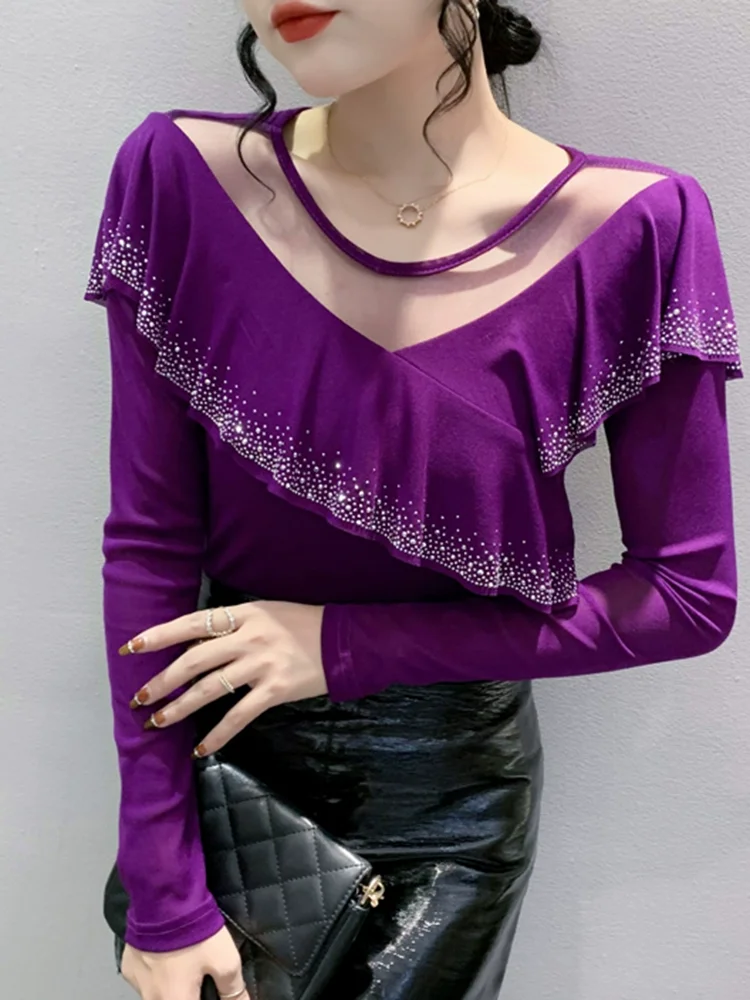 Autumn Ruffles O Neck Mesh Tshirts Tops Women's Diamonds Bottoming T shirt Long-Sleeved Tees BH5087