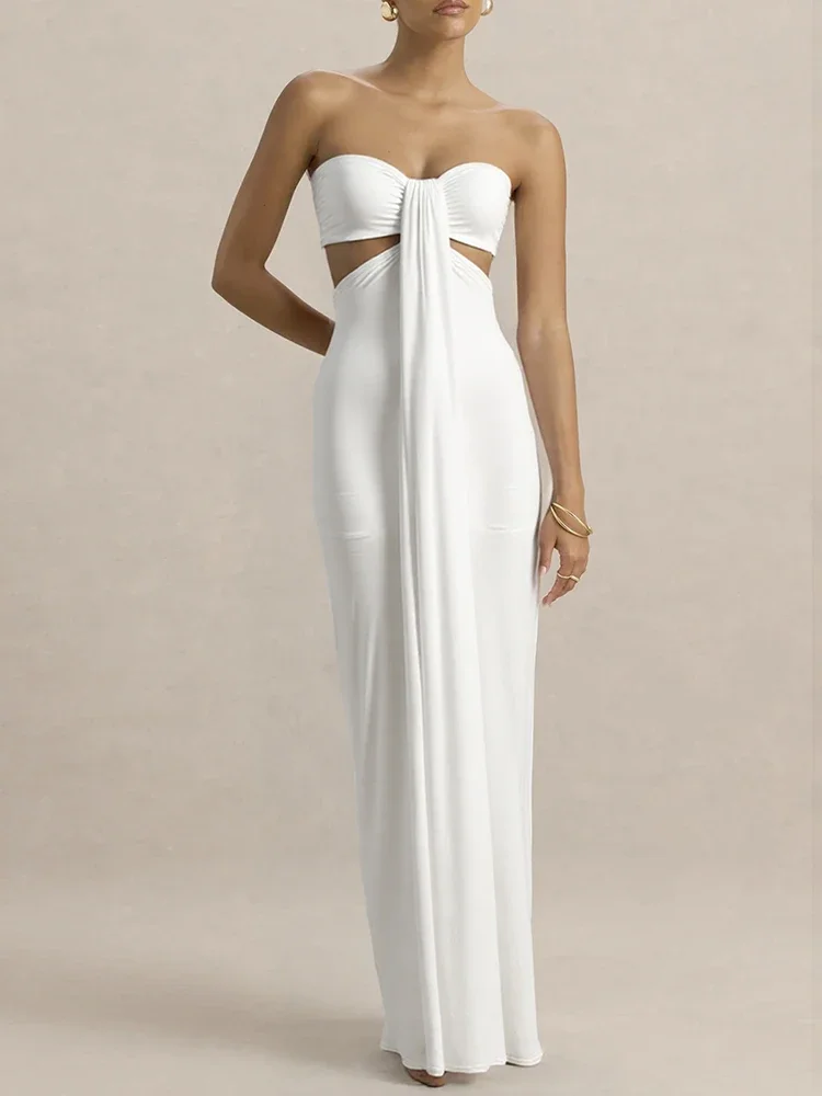 

Off-shoulder Strapless Sexy Maxi Dress Women Elegant White Sleeveless Backless Draped Bodycon Club Party Long Dresses