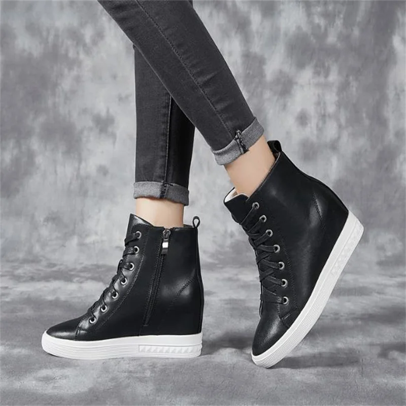 7cm Vulcanized Shoes Women Wedge Sneakers Designer Hidden High Heels Sneakers Winter Fur Warm Lace-up Black Shoes Ladies