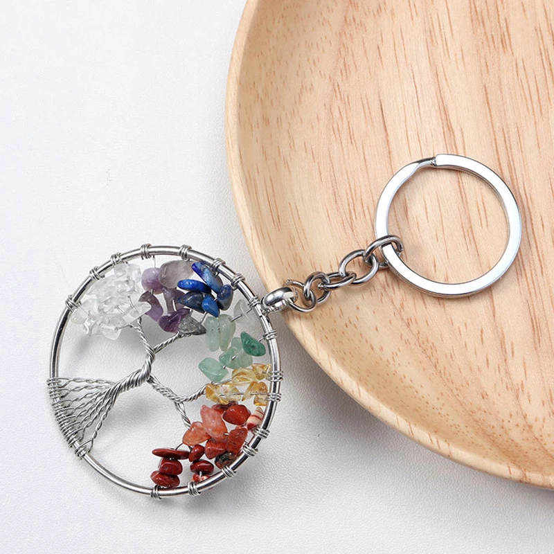 Fashion Tree Of Life Keychain 7 Chakra Round Shape Women Handmade Healing Natural Stone Key Ring Jewelry For Key Charms