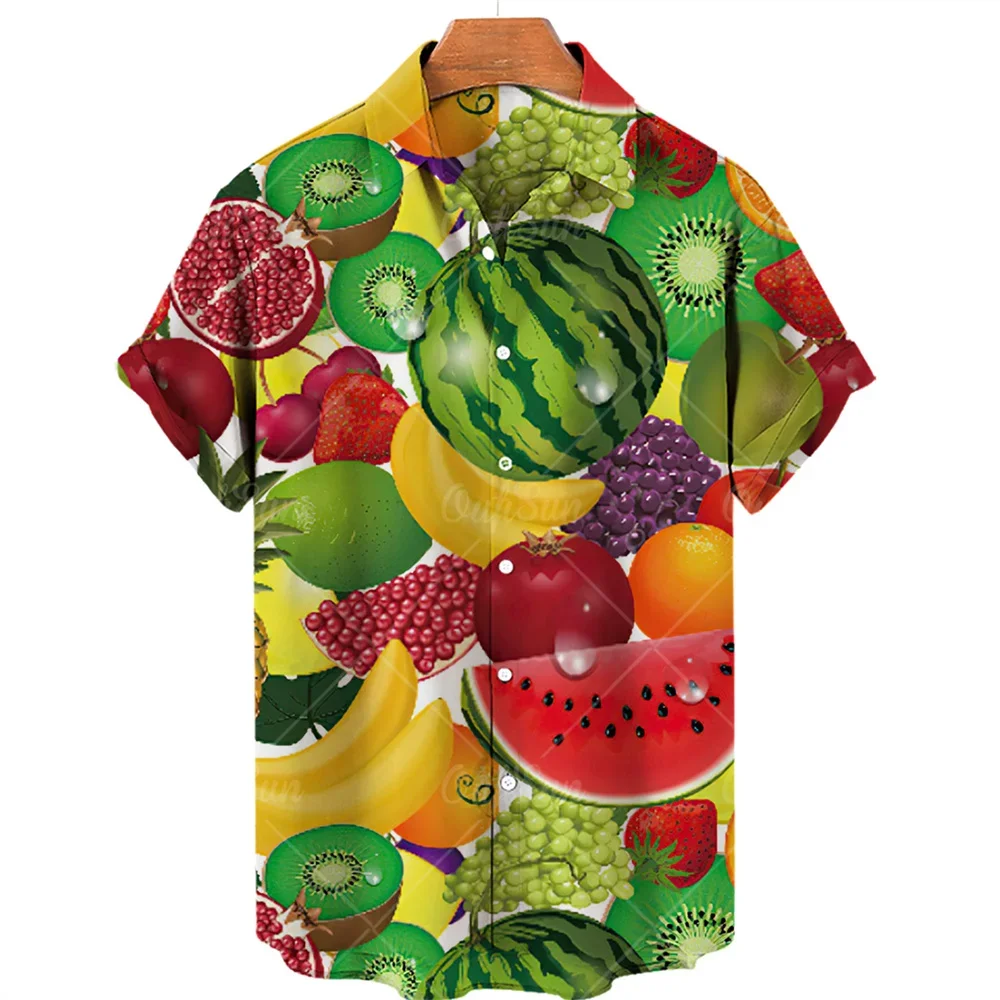 2024 Summer Hawaii Fun Camping Outdoor Cartoon Fruit Print Hawaiian Shirt Men's Summer New Short-sleeved Shirt Outdoor Beach Set