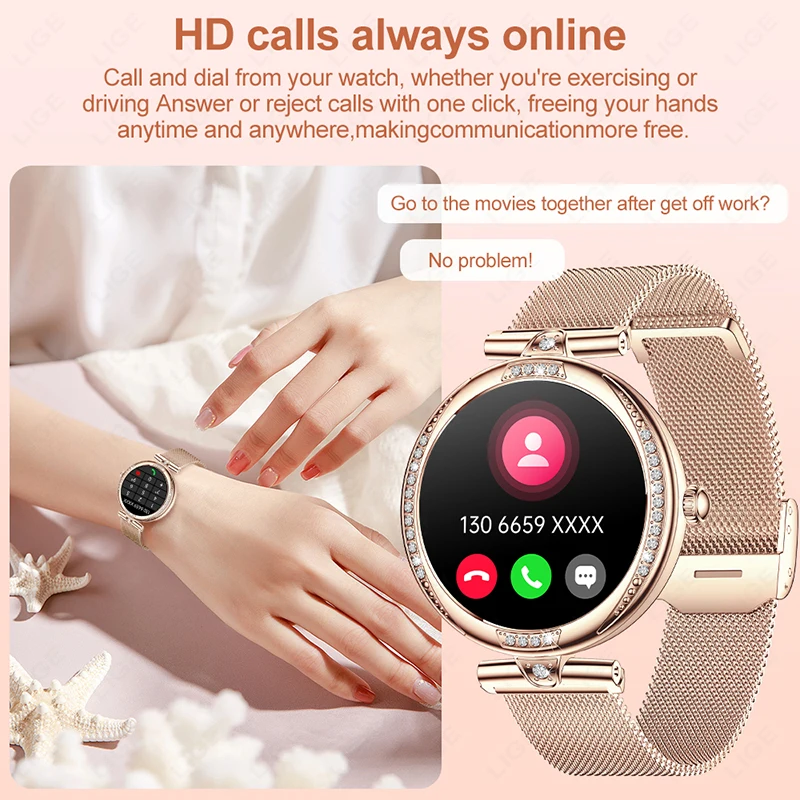 LIGE New Smart Watch Women Lady Gift 1.19 Inch AMOLED Full Touch Screen Sport Fitness Watches Bluetooth Call Digital Smartwatch