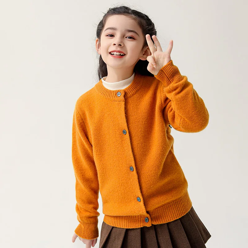 

O-Neck 100% Merino Wool Cardigan Sweater Autumn And Winter Pullover Long Sleeve Knitwear Basic Children's Clothing Tops