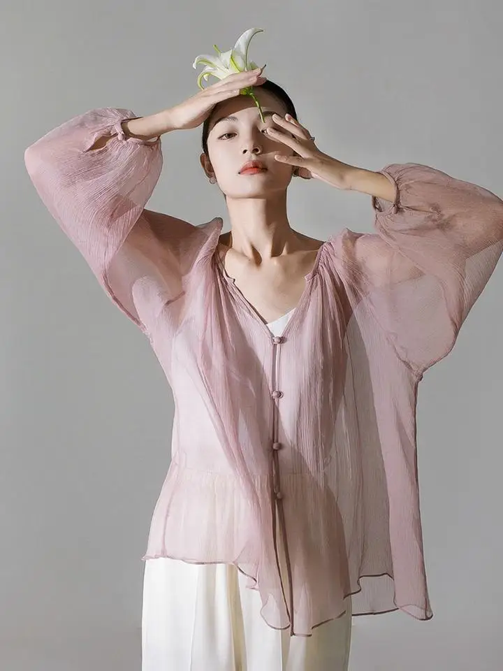 

Ele Yuann Design Silk Open Cardigan V-Ne Pink Loose Sle Long Sve Women's irt Breathable Lightweight Summer Top
