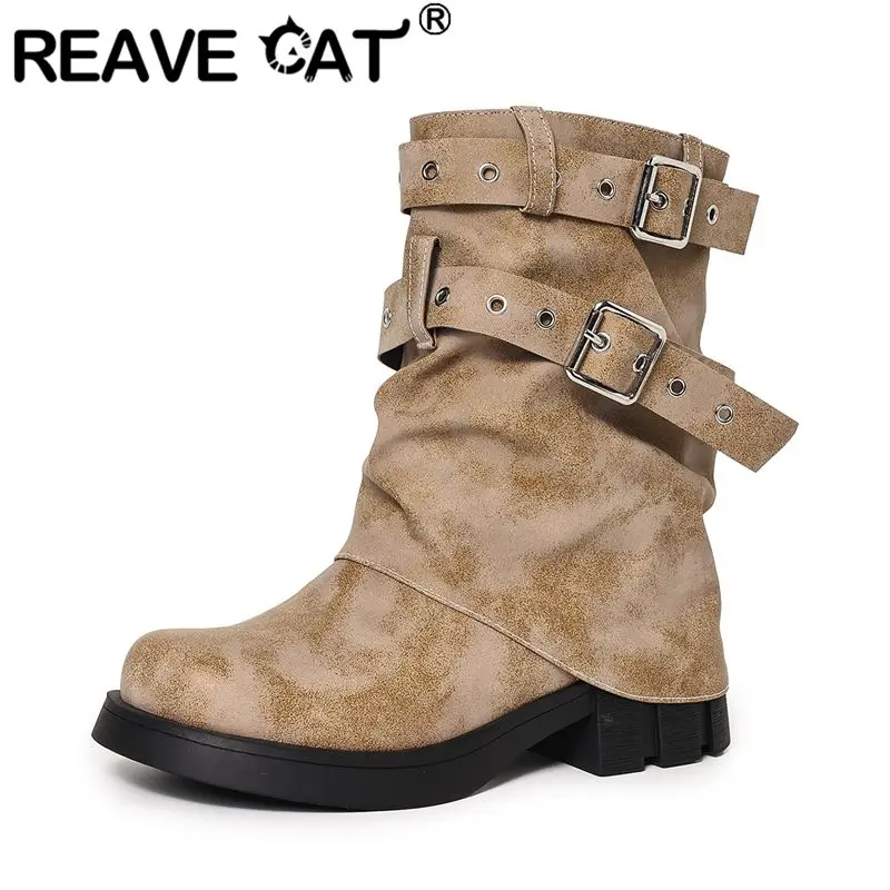 

REAVE CAT Leisure Western Boots Round Toe 4.5cm Block Heels Slip On Belt Buckles Plus Size 41 42 43 Daily Cowgirl Mid Calf Bota