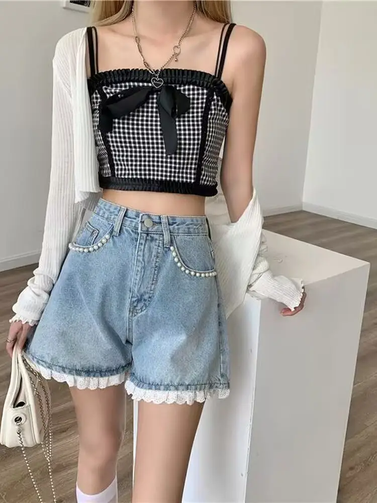 Pantaloni a gamba larga casual estivi da donna in denim leggero vestibilità ampia con bordi in pizzo a vita alta plus Size Hot Girls
