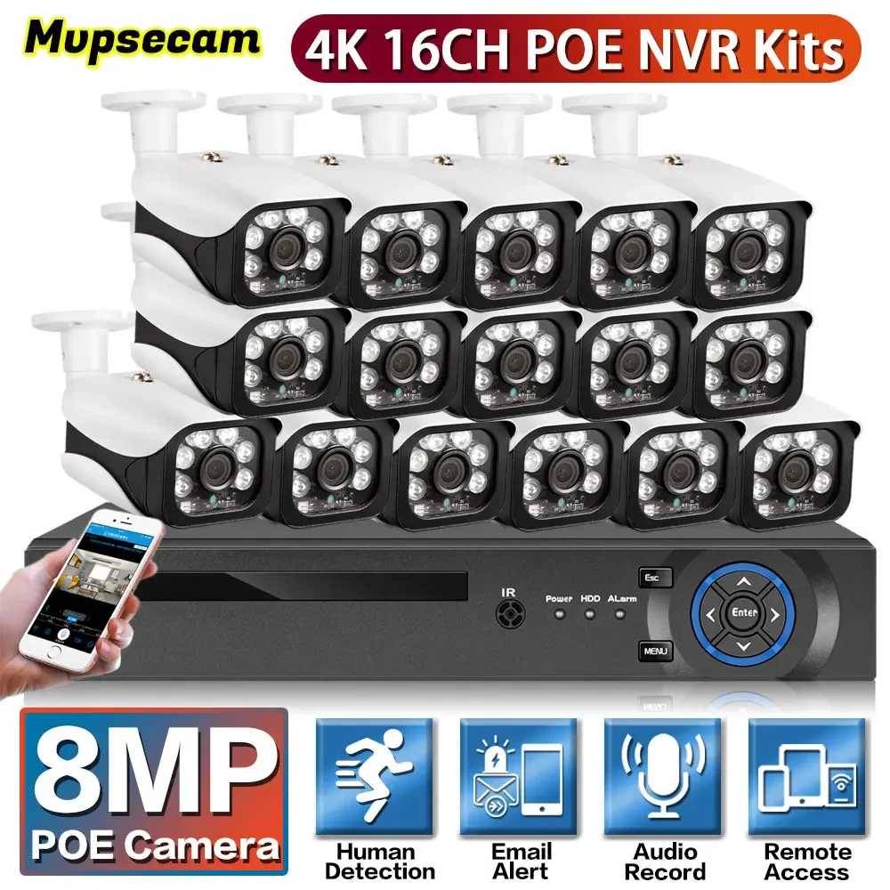 

16CH 4K Security Camera System CCTV POE NVR Kit 8MP HD Night Vision Video Surveillance Indoor Outdoor Audio Record IP Camera Set