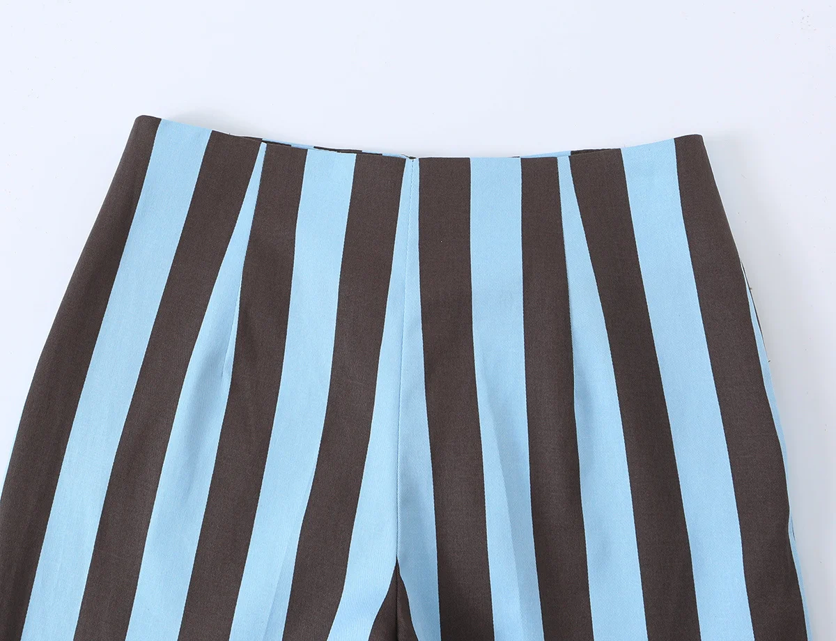 TFMLN Damen Gestreiftes Set Schickes Ärmelloses Oberteil mit Froschknöpfen Gerade Hose Lässige Einreihige Schlanke Bluse Damen-Outfit Neu – Detail 17