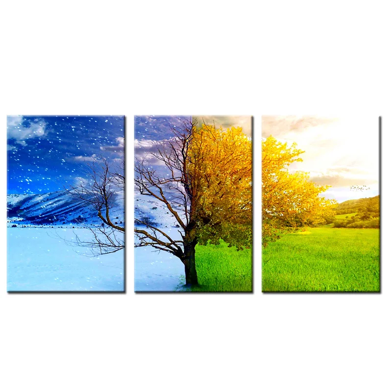 

3 Pieces Different Season Wall Decor Canvas Painting Tree on Grassland Print Poster Modern Style Picture Living Room Wall Art