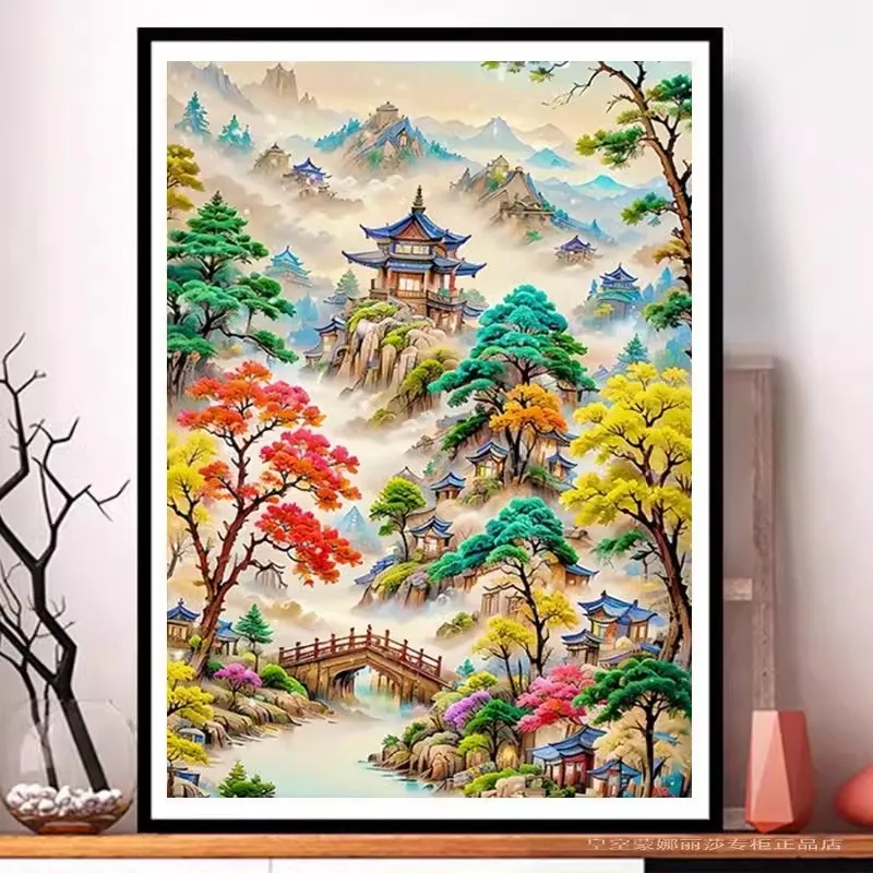 9ct 75x105cm Pavilion Landscape Embroidery DIY Chinese Style Printed Kits Cross Stitch Needlework Set Home Decor Crafts