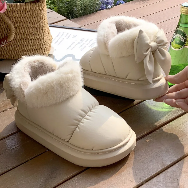 

Winter Women Snow Boots Cute Bow Cotton Shoes Waterproof Down Short Barrel Ankle Boots Comfort Thick Soled Plush Home Slipper