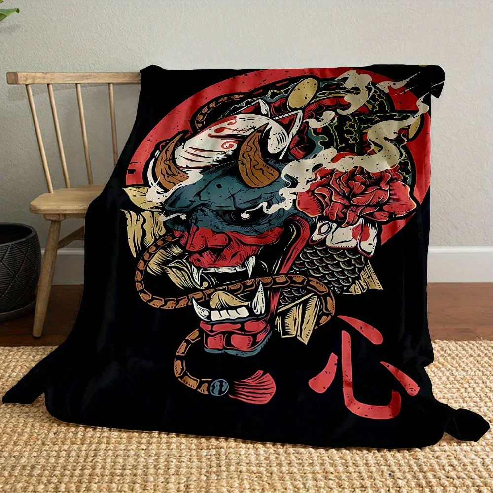 Cozy Japanese-Inspired Demon Print Flannel Throw Blanket - Soft, Reversible & Machine Washable for All Seasons - Ideal for Couch