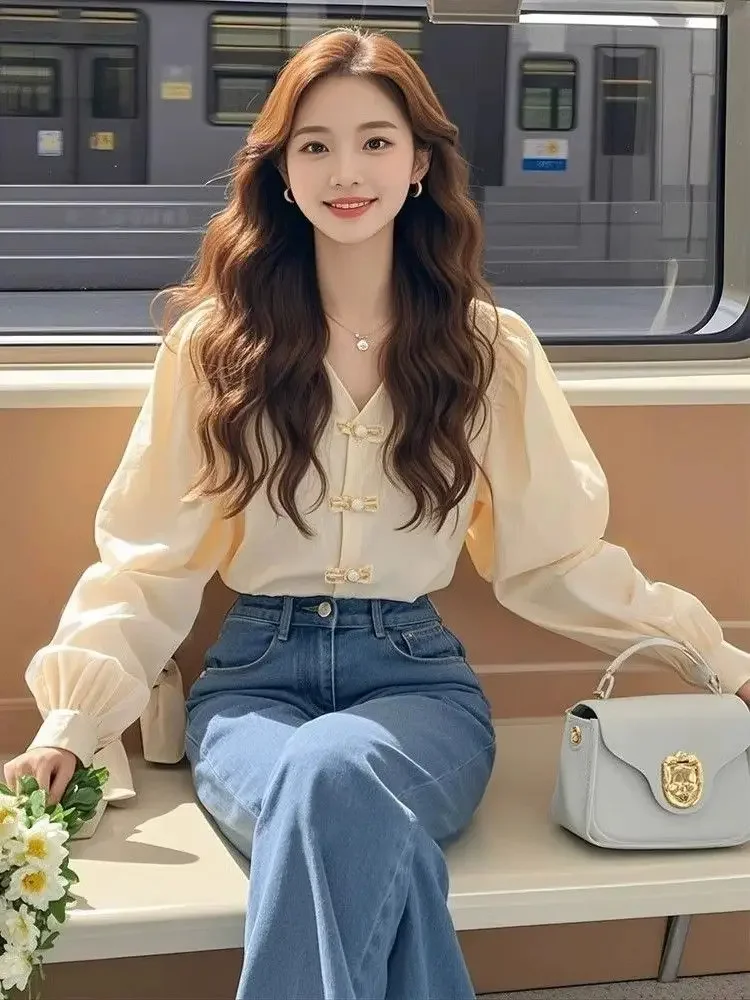 

Long-sleeved Gentle Temperament High-end French Daily Commuting Puff Sleeve Top for Women New Chinese Style Apricot Button-down
