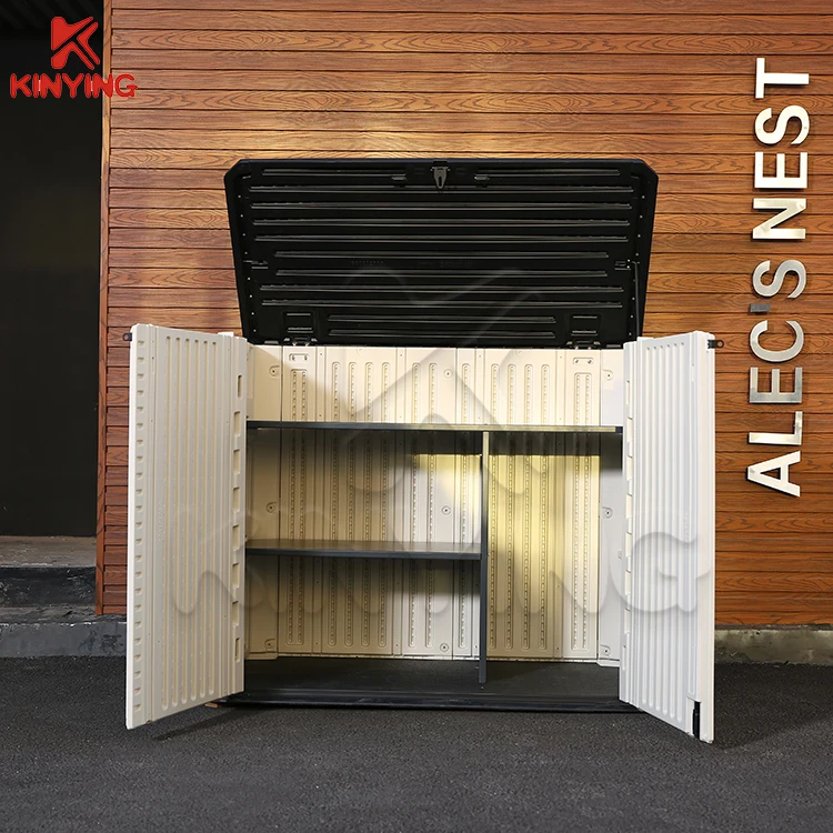 Small Outdoor Plastic Tool Storage Cabinet With HDPE Material Easily Assembled Wood Frame Pressure Treated Nature Wood Shed Type