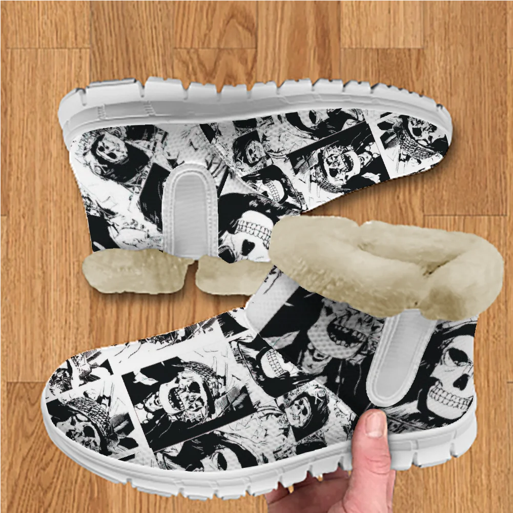 أحذية فرو مطبوعة على شكل جمجمة، جزء علوي شبكي دافئ سميك، حذاء كاحل داخلي خفيف الوزن للرجال والنساء.