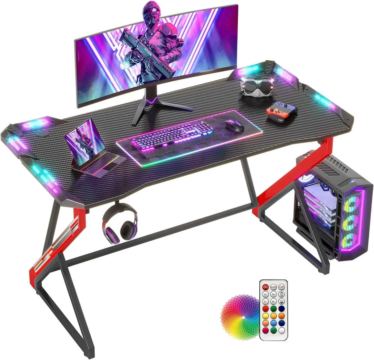 （Free shipping）Gaming Desk with LED Armor, 100x60 cm RGB Computer Desk with Carbon Fiber and Z Frame Design Gaming PC Desk