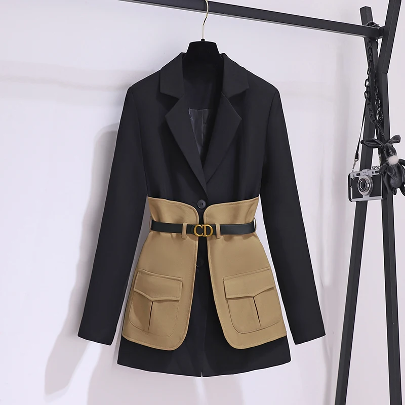 Chic Patchwork Blazers Women Spring Autumn Notched Long Sleeve Suit Jackets With Belt Office Lady Blazer Feminino