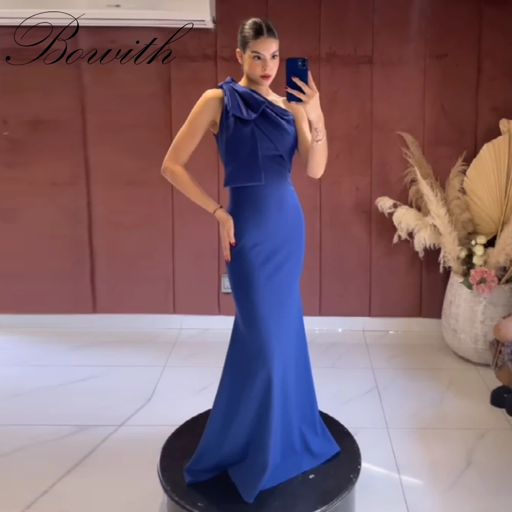 

Bowith One-Shoulder Mermaid Evening Dresses Simple Elegant Navy Blue Floor Length Prom Gowns Evening Party Dresses Customized