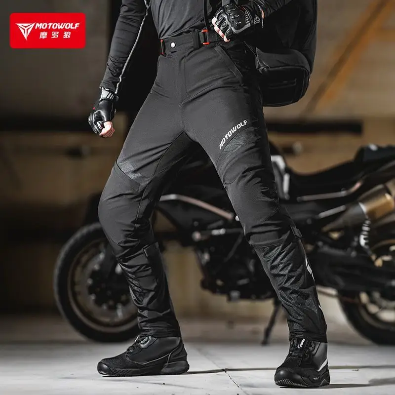 Motowolf Men Motorcycle Pants Summer Breathable Mesh Riding Pants Reflective Strips Elastic Biker Trousers Black M-4XL