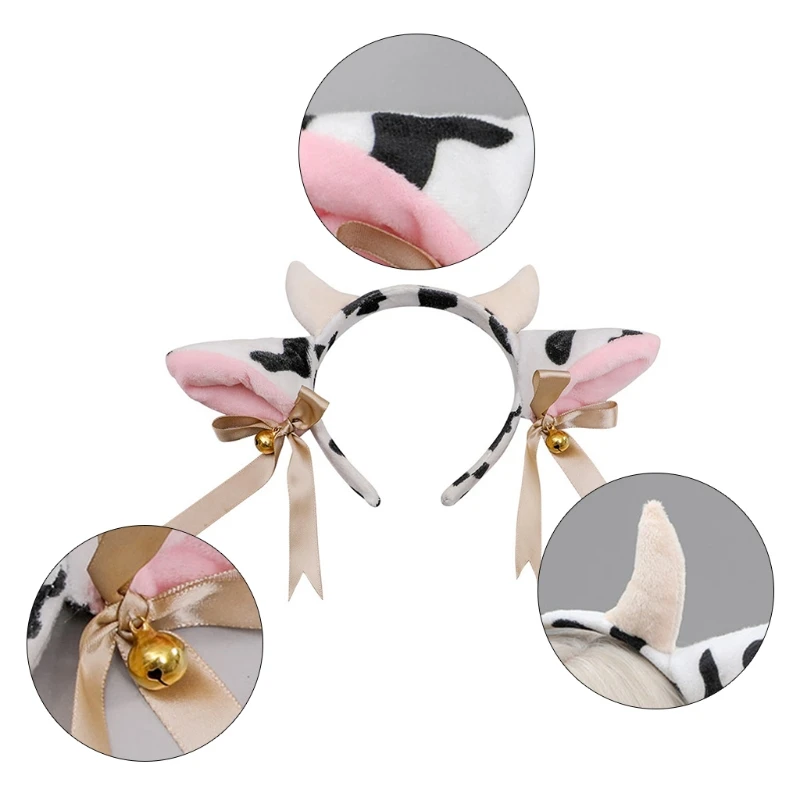 Cow Ears Horns Headband Bowknot Ribbon Bells Headwear Elastic Hair Hoop for Party Animal Cosplay Costume Accessories