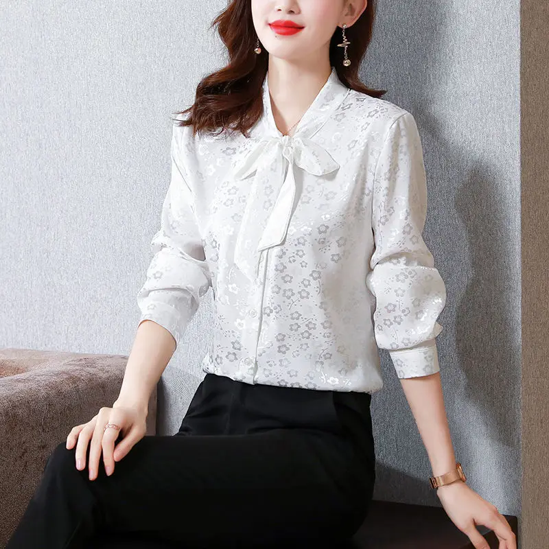 Bow Scarf Collar Floral Print Shirt for Women 2024 Spring Autumn New Elegant Office Lady Fashion Buttons Long Sleeve Blouses