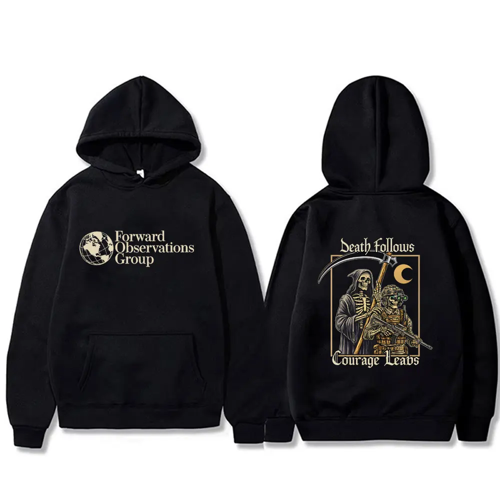 

Forward Observations Group Death Follows Courage Leads Skeleton Graphic Hoodie Men's Vintage Military Tactical Warrior Pullover