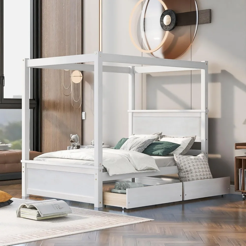 Full Size Canopy Bed with 2 Storage Drawers, Wooden Canopy Platform Bed with Headboard, Four Post Bed (Brushed White)