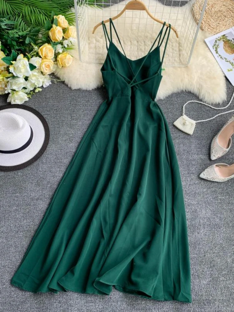 Summer Beach Long Dress Women Sexy Cross Strap Backless Solid Evening Party Dresses Ladies Sleeveless Summer Boho Long Robe