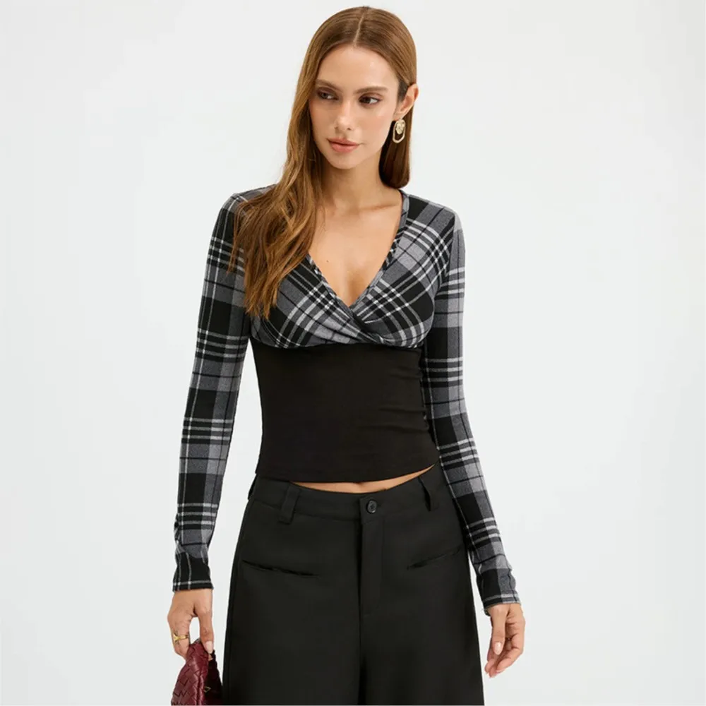 Plaid Patchwork Slim Fit Gestricktes Langarmshirt Top V-Link Low Cut Trendy All-Match Einfacher Stil Pendeln Lässige Blusas