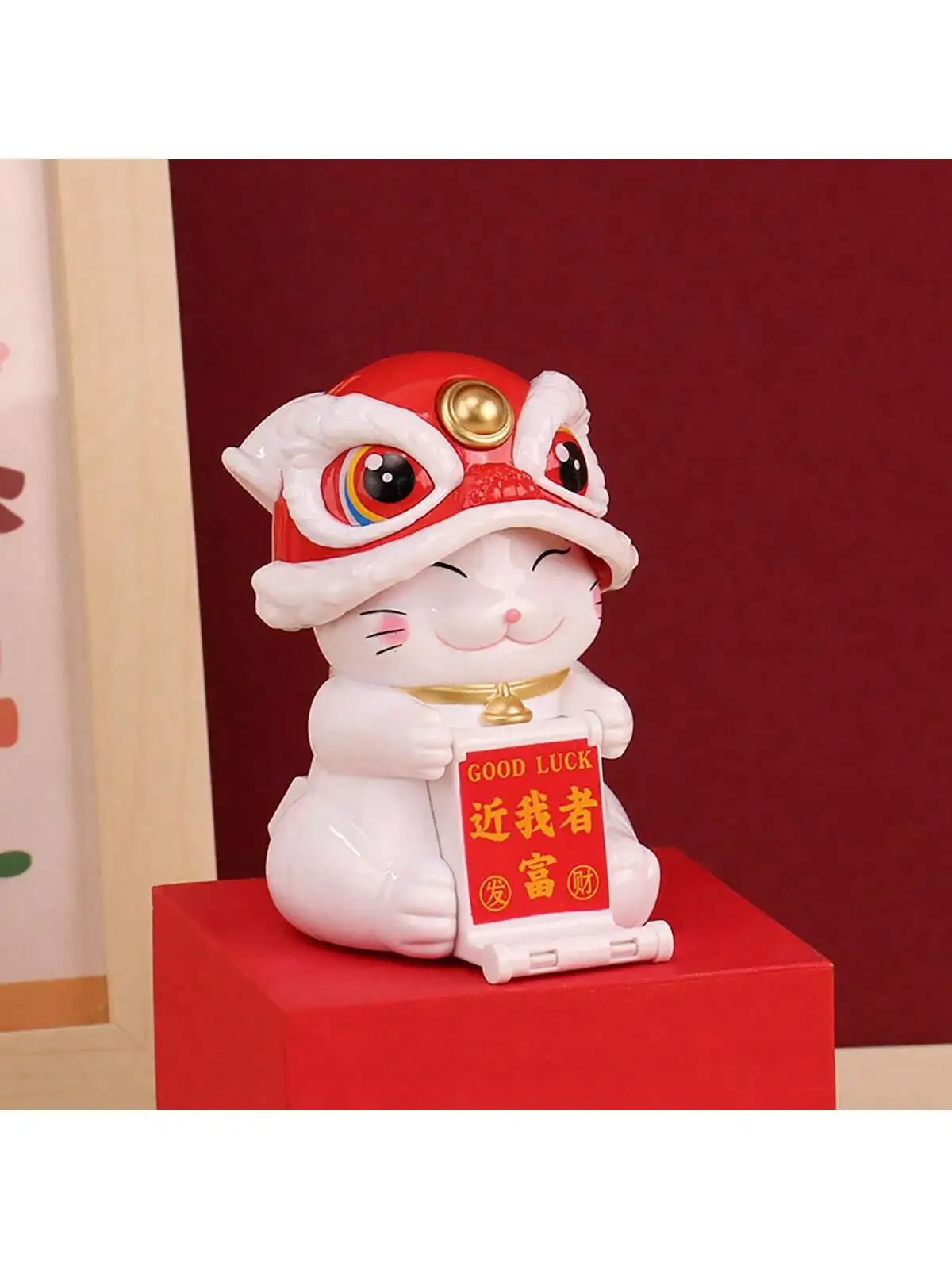 Nueva figura de león de la suerte y gato de la fortuna con movimiento automático y energía solar, soporte para teléfono, adorno para coche con movimiento, estilo caricatura