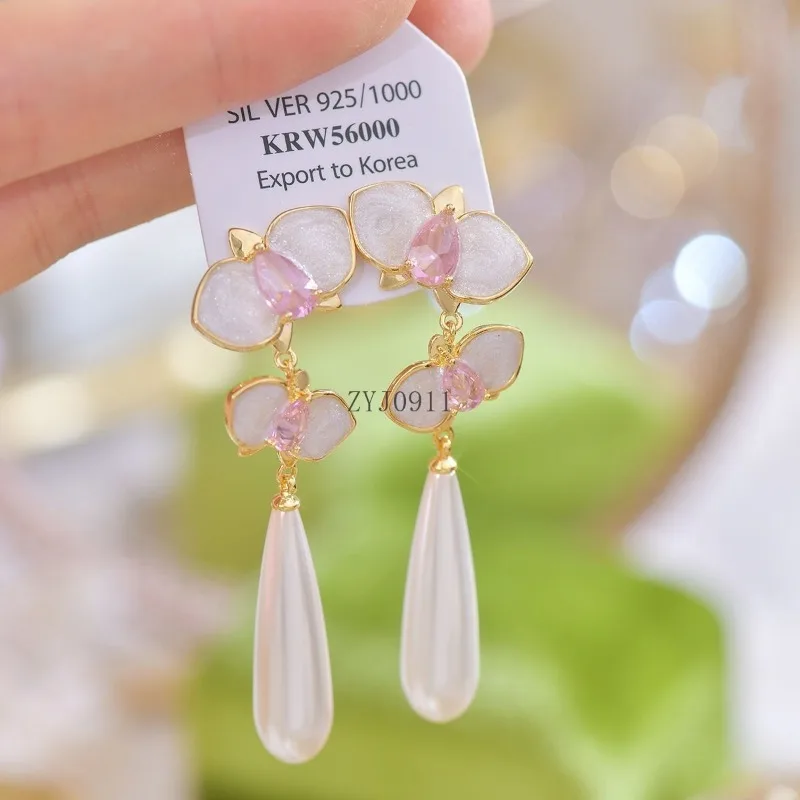 Retro nieuwe Chinese high-end gevoel unieke emaille druppelglazuur roze lange franjes pareloorbellen oorclip oorbellen