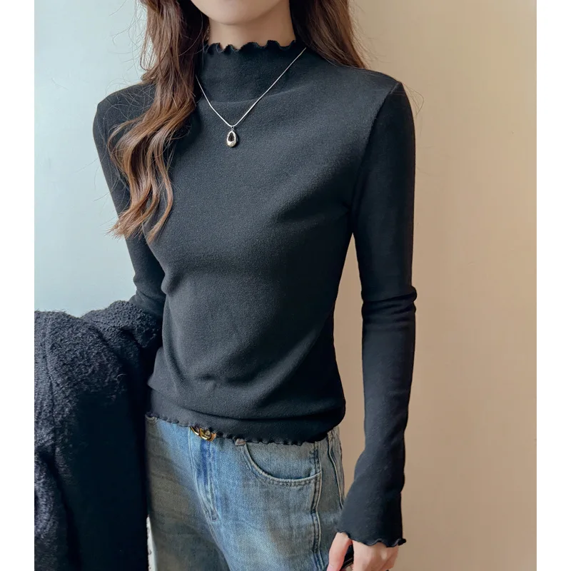 เสื้อยืดแขนยาวคอเต่าแบบกึ่งสูงสำหรับผู้หญิง รุ่นปี 2025  ขอบเสื้อแบบฟอง  ผ้าบางสีพื้น