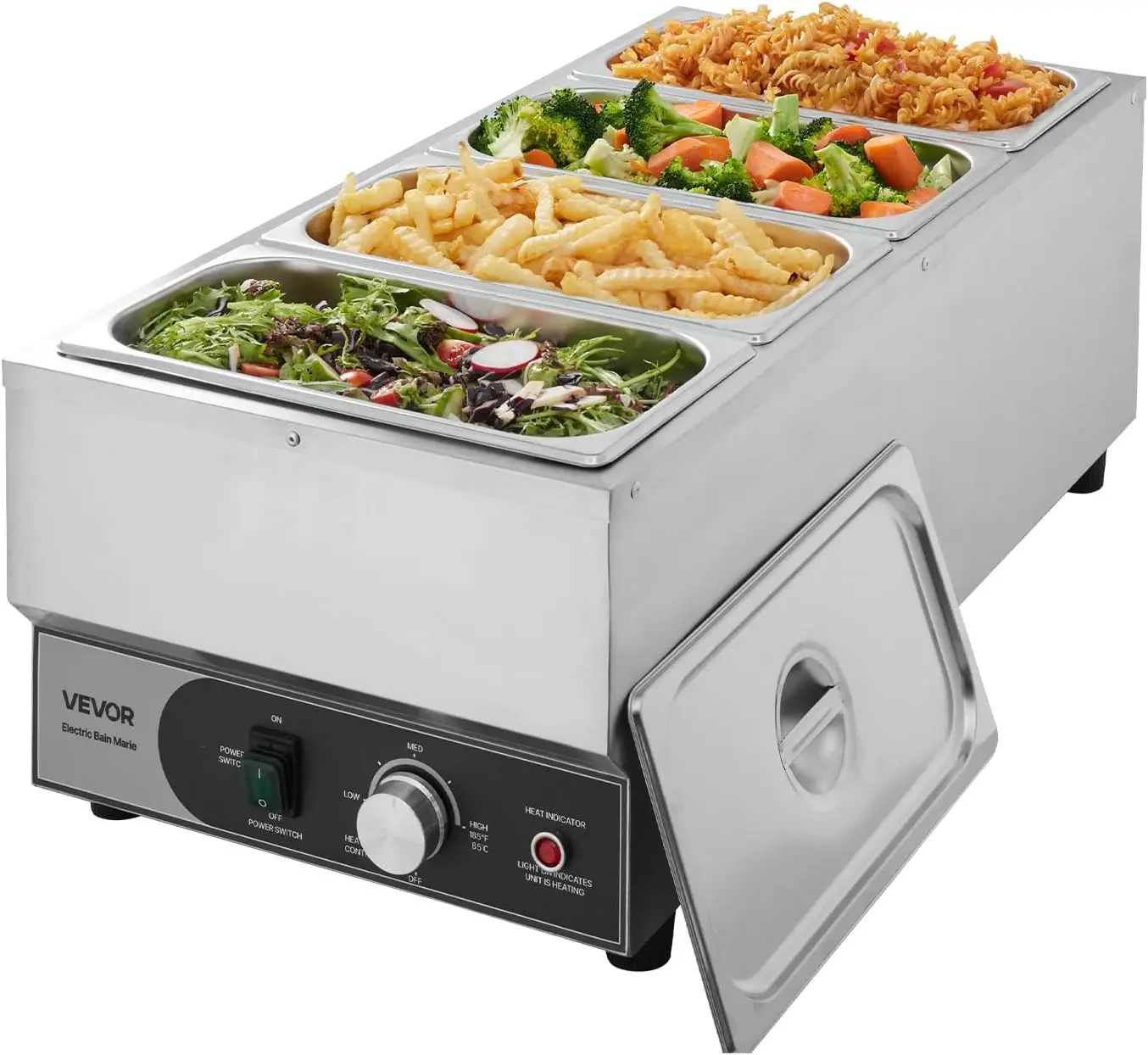 Commercial Food Warmer, 1500W Electric Stainless Steel Steam Food Warmer, Fast Heating Countertop Buffet Bain Marie with Four 1/