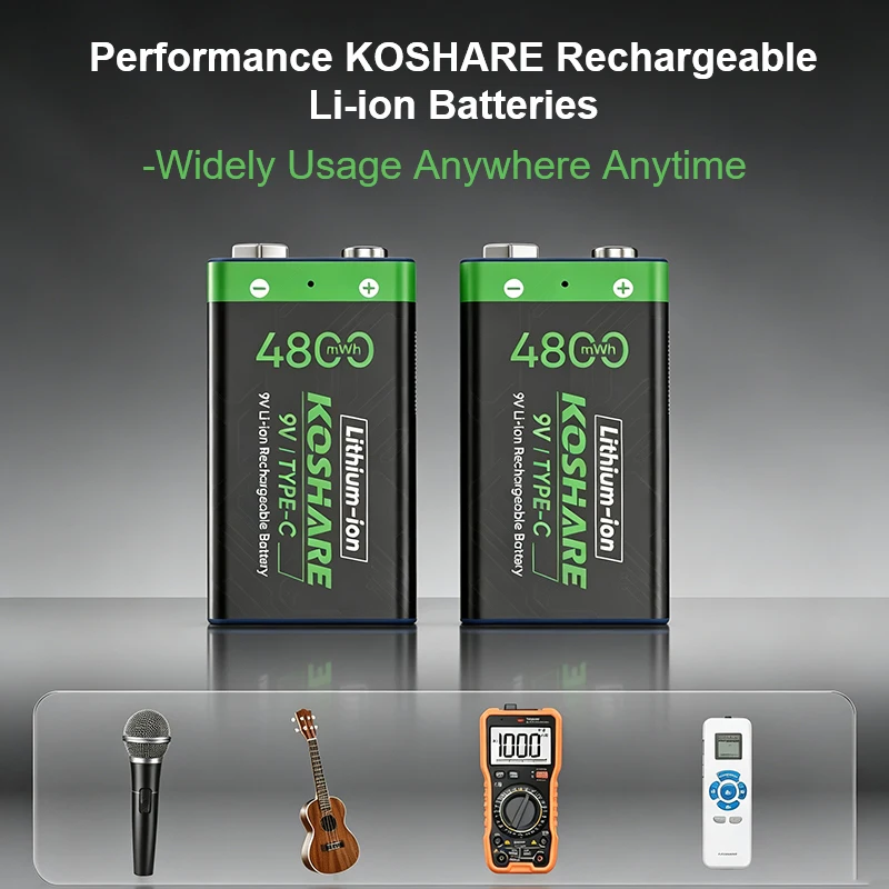 KOSHARE 4800mWh Rechargeable Batteries 9V Lithium-ion Battery With Type-C Direct Charge For Wireless microphones Electronic Toys