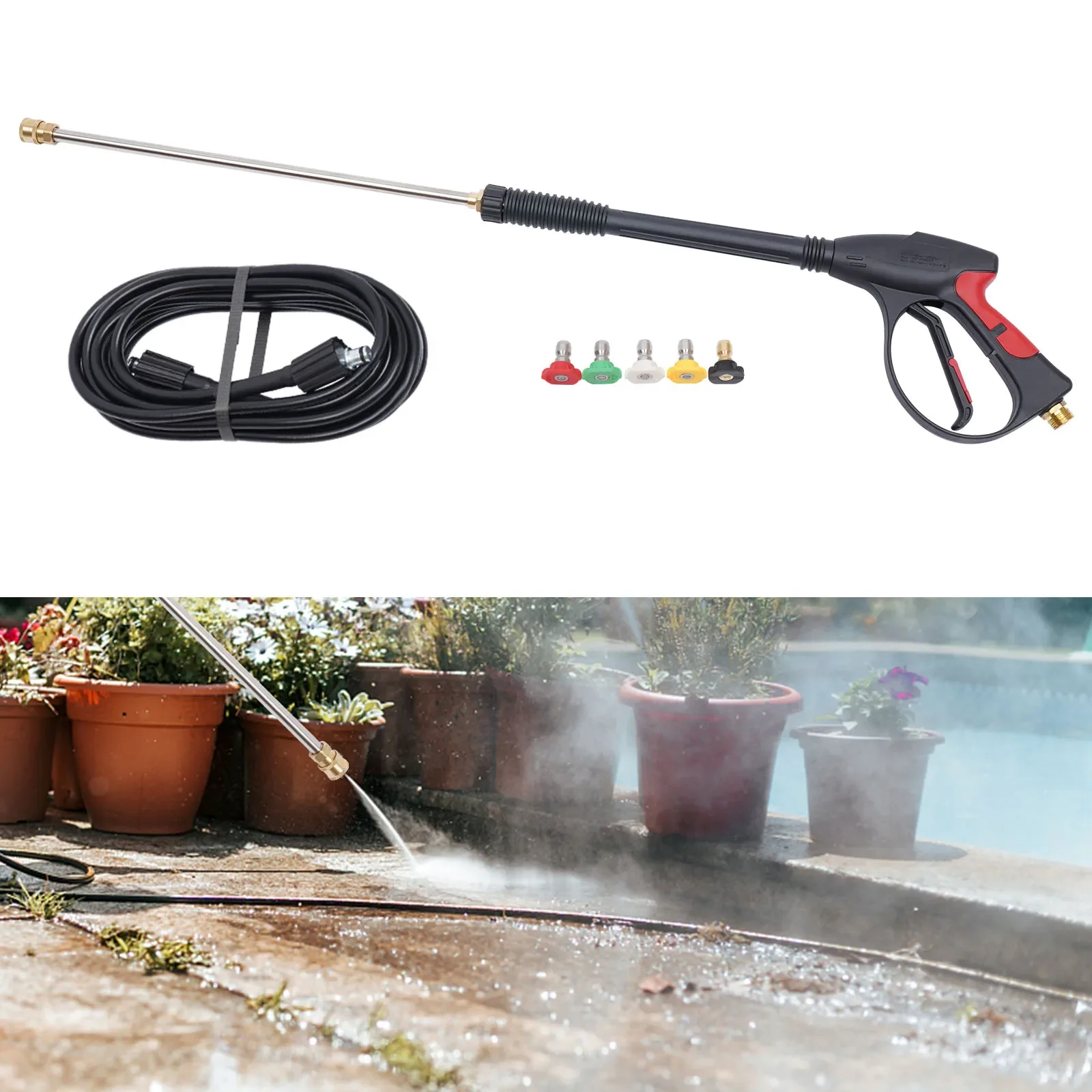 High Pressure 3000PSI Car Power Washer Gun Stainless Steel Spray Extension Wand Replacement Lance 5 Nozzle Tips and Hose Kit