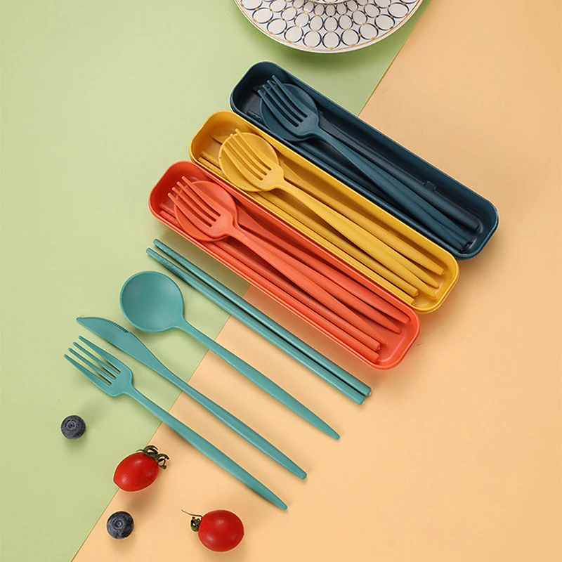 4Pcs/Set Portable Utensils With Box Healthy Eco-Friendly Wheat Straw Cutlery Reusable Chopstick Fork Knife Spoon Tableware Set