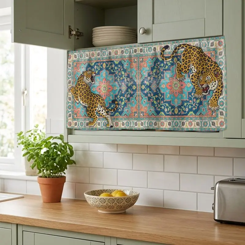 VIKAMA Retro Blue Leopard Cupboard Shade Without Punching Velcro Shoe Cabinet Kitchen Sink Shade Home Decoration